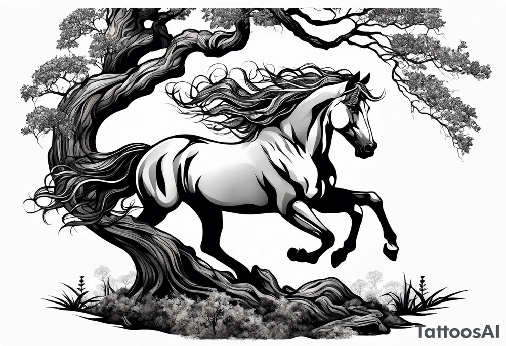Realistic Horse and Yggdrasil tree tattoo idea