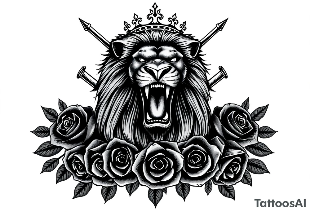 Majestic lion roaring, crown askew, crossed swords behind mane, dark roses cascading down. tattoo idea