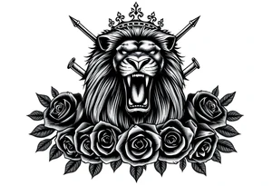 Majestic lion roaring, crown askew, crossed swords behind mane, dark roses cascading down. tattoo idea