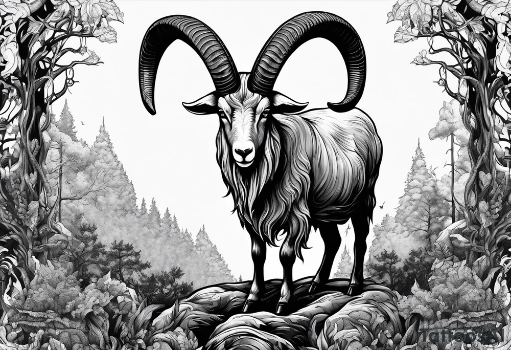 Evil Satanic goat with horns (full body) in a forest tattoo idea