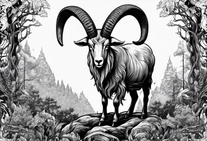 Evil Satanic goat with horns  (full body) in a forest tattoo idea