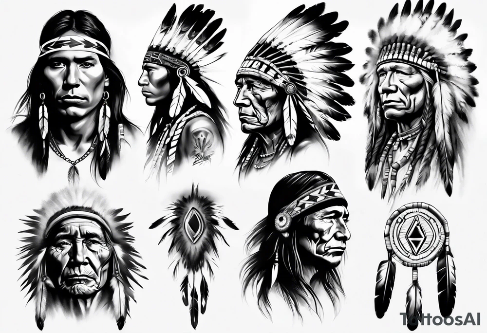 Native American theme young man photorealism tattoo idea