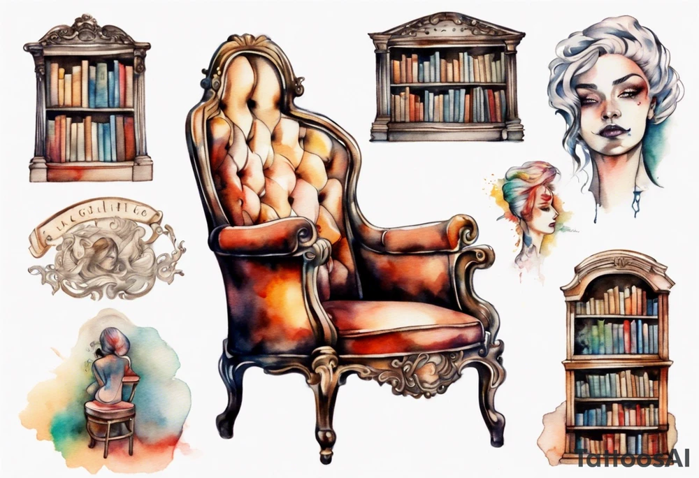 an antique chair with a woman's face emerging from the back, in a library tattoo idea