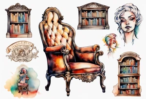 an antique chair with a woman's face emerging from the back, in a library tattoo idea