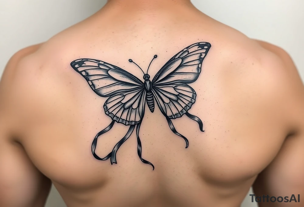 ethereal butterfly with flowing silk ribbons in moonlight tattoo idea