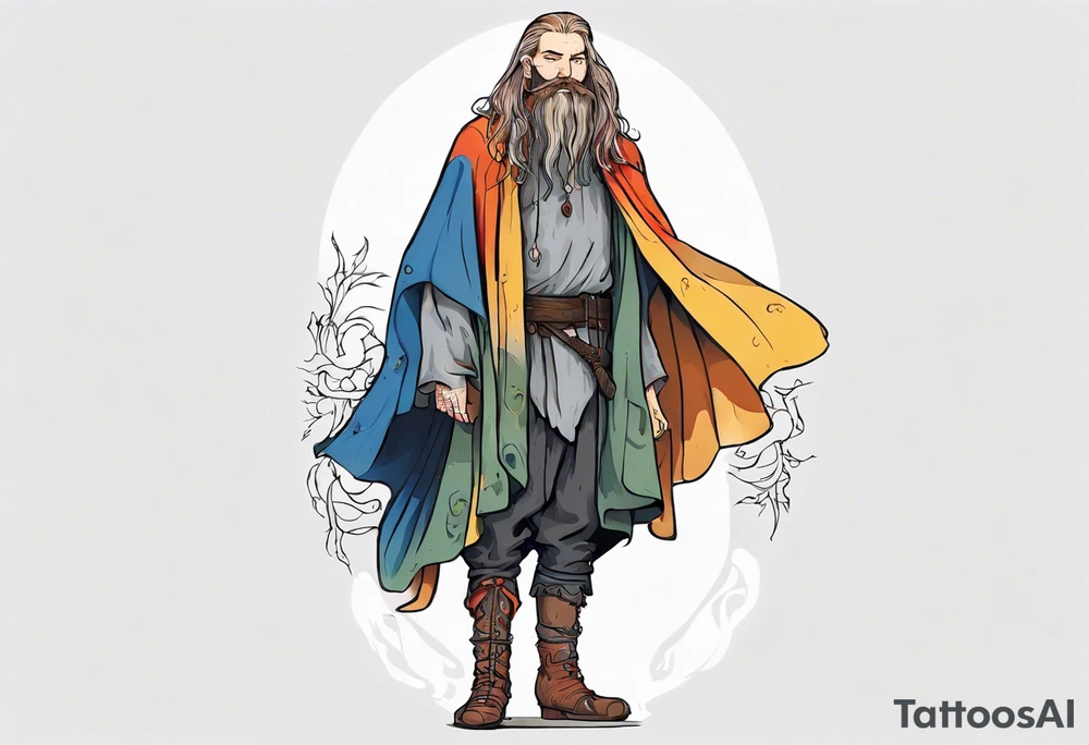 A tall, beautiful Swedish man with long multi-color hair and beard. Wearing a medieval cloak and boots. tattoo idea