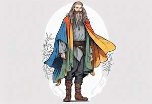 A tall, beautiful Swedish man with long multi-color hair and beard. Wearing a medieval cloak and boots. tattoo idea