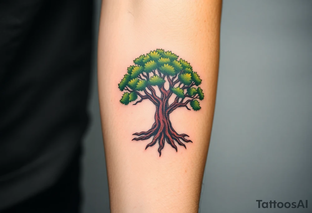 A majestic oak tree with deep brown roots and lush green leaves, symbolizing strength, stability, and family heritage tattoo idea