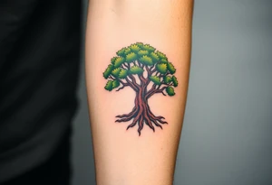 A majestic oak tree with deep brown roots and lush green leaves, symbolizing strength, stability, and family heritage tattoo idea