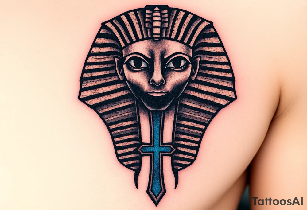 A Pharaoh’s Mask with a Hidden Cross in the Design (only red , blue and black are possible colors) tattoo idea