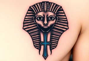 A Pharaoh’s Mask with a Hidden Cross in the Design (only red , blue and black are possible colors) tattoo idea