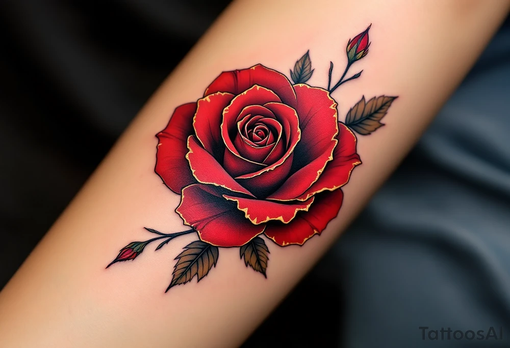 A vibrant deep red rose at the center of the design, its petals rich with shading and subtle gradients, giving it a realistic appearance. The rose symbolizes passion, love, and beauty, with golden highlights on the edges of the petals to add depth and a touch of elegance. tattoo idea