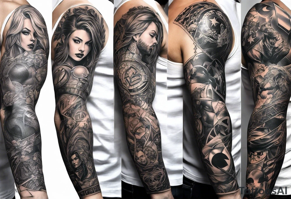 Full arm sleeve tattoo extending from shoulder to wrist featuring an assemble of all the emblems of DC comic heroes and villians tattoo idea