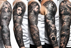 Full arm sleeve tattoo extending from shoulder to wrist featuring an assemble of all the emblems of DC comic heroes and villians tattoo idea
