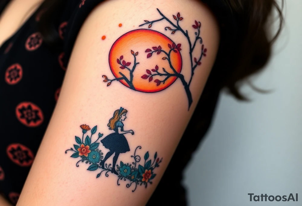 Alice in wonderland silhouette entering a garden and seeing an orange tree tattoo idea