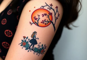 Alice in wonderland silhouette entering a garden and seeing an orange tree tattoo idea