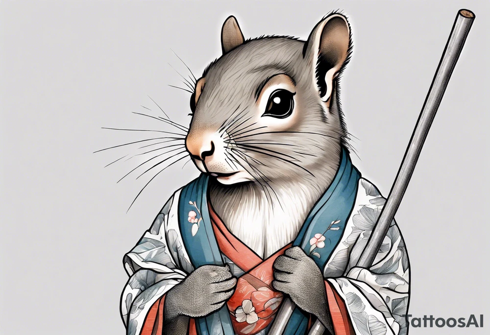 a sad grey squirrel dressed in a tunic holding a large white stick tattoo idea
