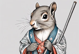 a sad grey squirrel dressed in a tunic holding a large white stick tattoo idea