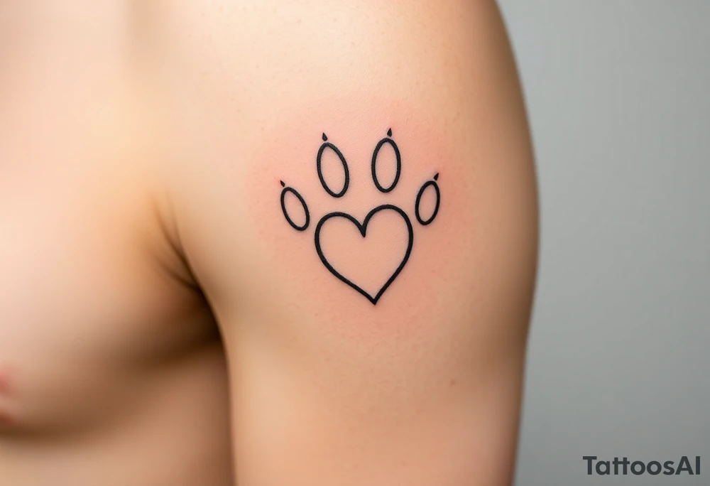 A simple black-line paw print with clean, thin strokes for a timeless and elegant minimalist design forming a heart tattoo idea