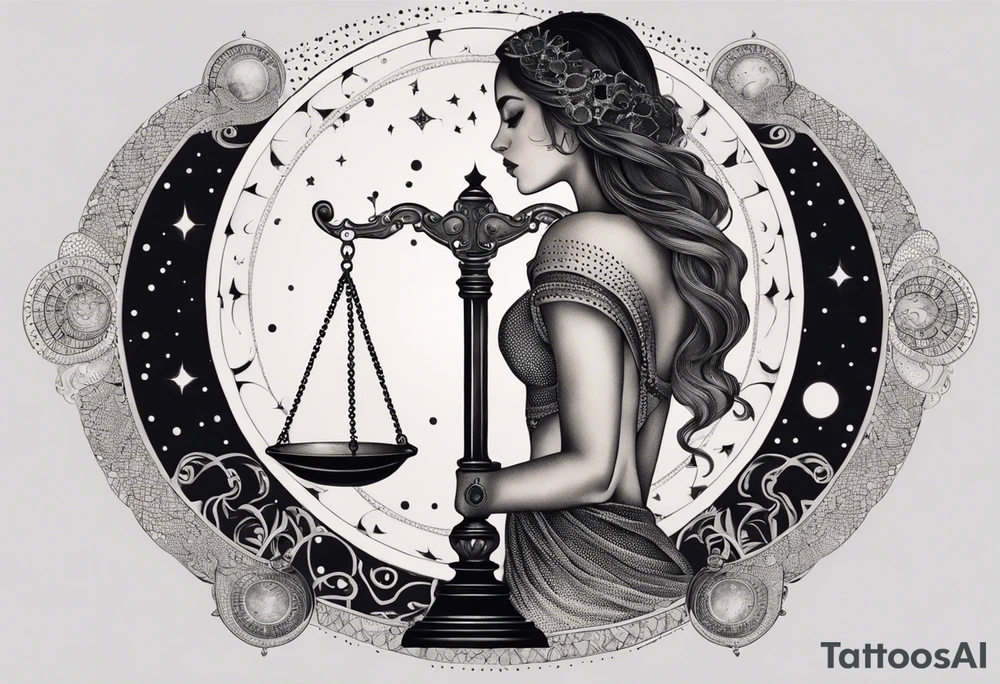 Libra woman holding scales with a night zodiac background including a half moon that encircles half of the woman tattoo idea