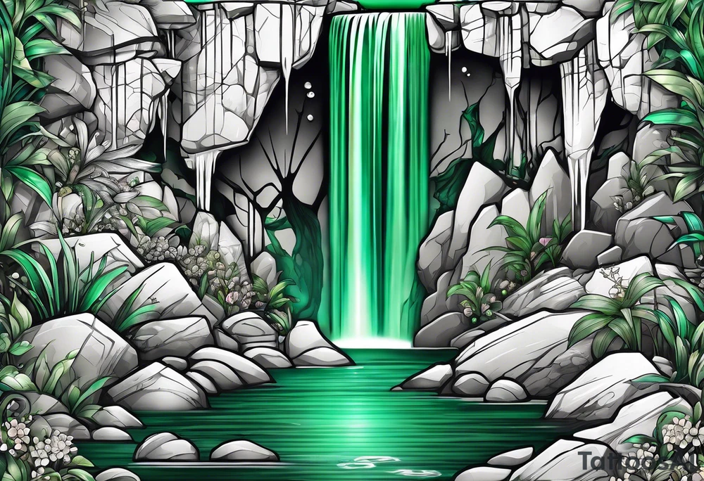 Emerald stones waterfall background tattoo idea