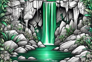 Emerald stones waterfall background tattoo idea