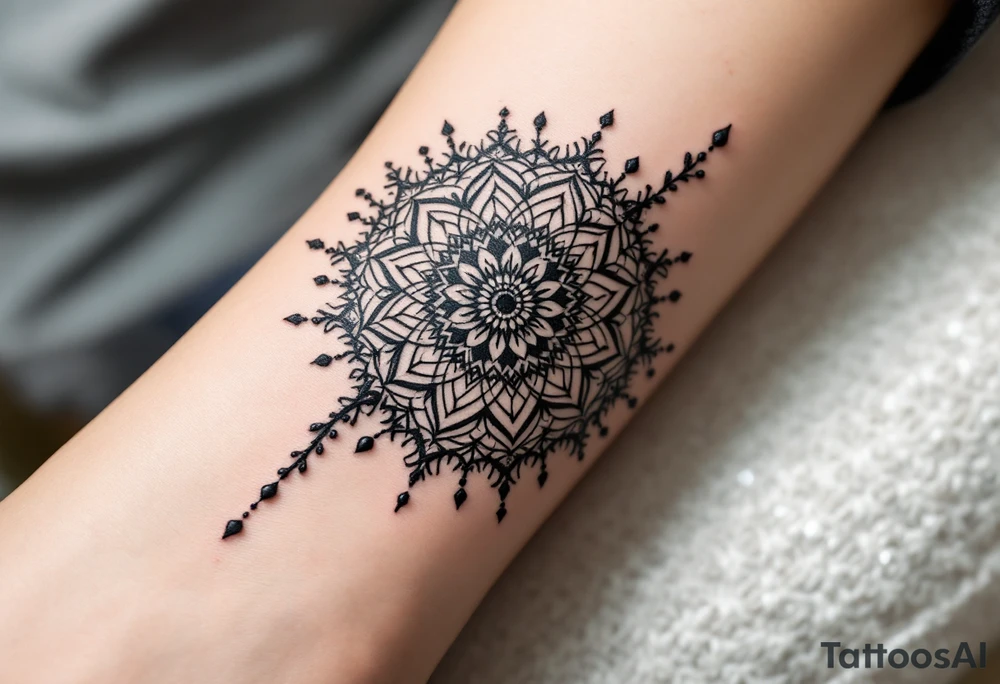 Intricate black half-mandala designs on the side of each partner hand form a whole when joined. tattoo idea