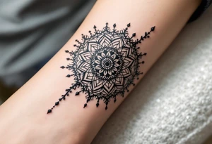 Intricate black half-mandala designs on the side of each partner hand form a whole when joined. tattoo idea