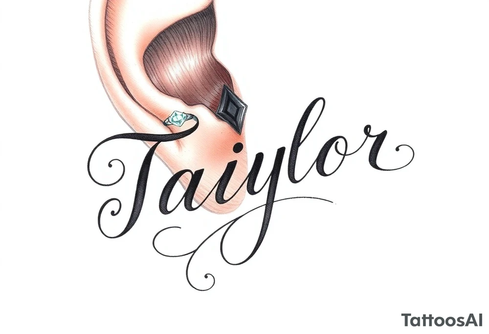 The name Taiylor spelled vertical with the O as a diamond ring behind the ear tattoo tattoo idea
