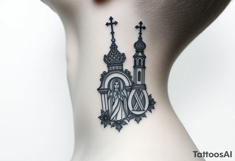 medium traditional russian orthodox church with russian coat arms and virgin mary on the side of your neck tattoo idea