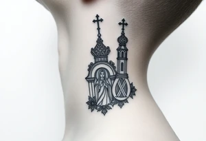 medium traditional russian orthodox church with russian coat arms and virgin mary on the side of your neck tattoo idea