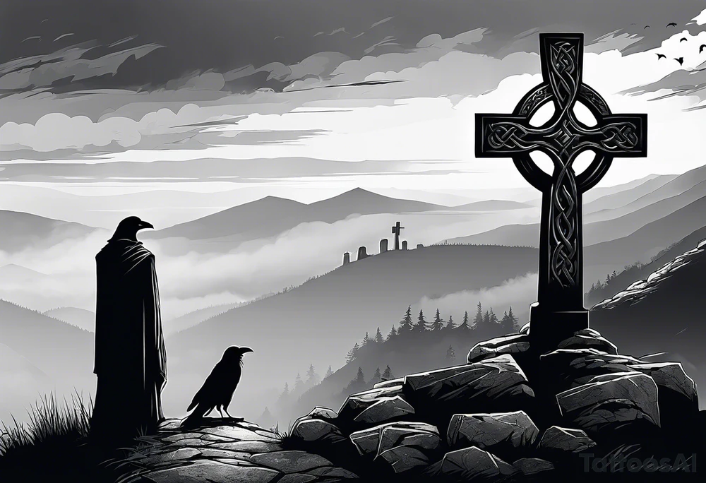 A stone Celtic cross solemnly standing atop a hill, a raven perches atop the cross in mourning. A ruined stone wall lies crumbling near the cross. Mist rolls along the hilltops adding to the melancholic nature of the scene tattoo idea