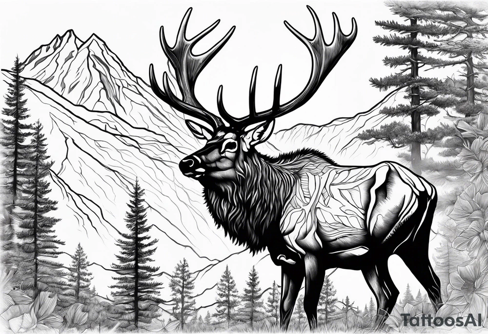 elk skull with mountains and trees tattoo idea