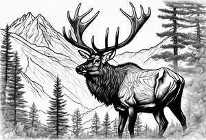 elk skull with mountains and trees tattoo idea