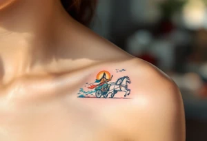 Dazhbog – A radiant sun god in fiery orange and yellow robes, riding a chariot pulled by white horses across a sky split in blue and scarlet. tattoo idea