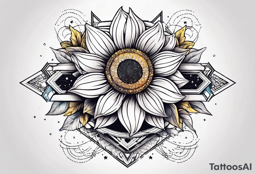 elegant tattoo with a small sunflower surrounded by cosmic stars and arrow tattoo idea