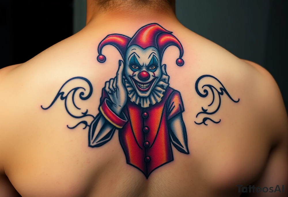 jester clown standing behind partner holding cheeks up to smile tattoo idea