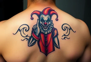 jester clown standing behind partner holding cheeks up to smile tattoo idea