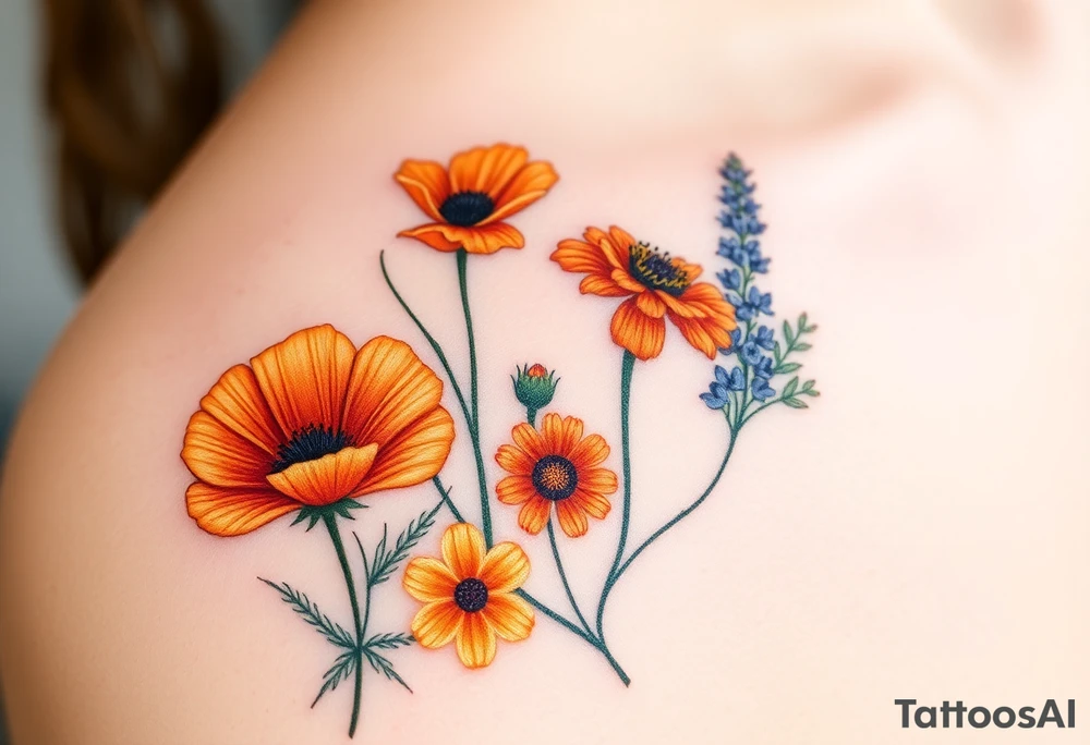 California poppies, California blackberries, gray’s lupine, marsh marigold, Indian paintbrush, one daisy, and an orange and orange blossom tattoo idea