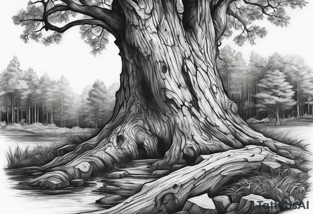 A slanting downward look at a tree stump tattoo idea