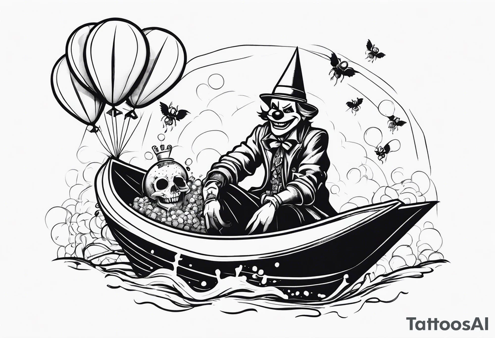 penny wise clown riding on a paper boat dragging skulls from other dead people behind him through the sewer system with a balloon covered in spiders tattoo idea