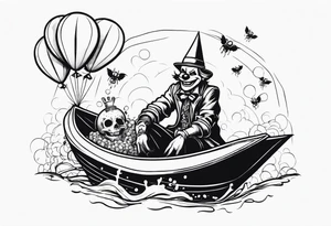 penny wise clown riding on a paper boat dragging skulls from other dead people behind him through the sewer system with a balloon covered in spiders tattoo idea