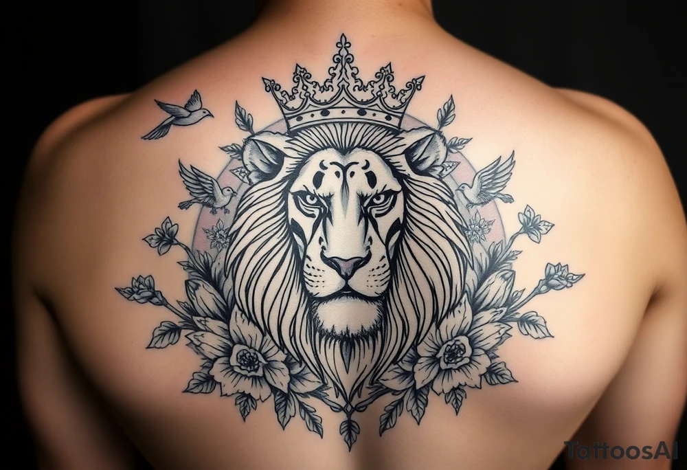 powerful majestic lion with a crown, surrounded by floral ornaments and birds tattoo idea