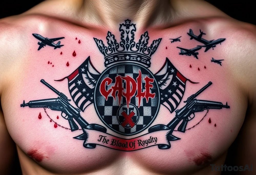 Men Doom Crest  with A Giant King Crown, CAUDLE written inside red, a chessboard, blood splatter on top of two  racing flags & OTF inside, The Words The Blood Of Royalty in red underneath the crest & 🌍 symbol in red outside of the crest, And raining blood drops, Jets/Airplanes/Helicopters/explosives flying above & Guns & Tanks & Dark Sky tattoo idea