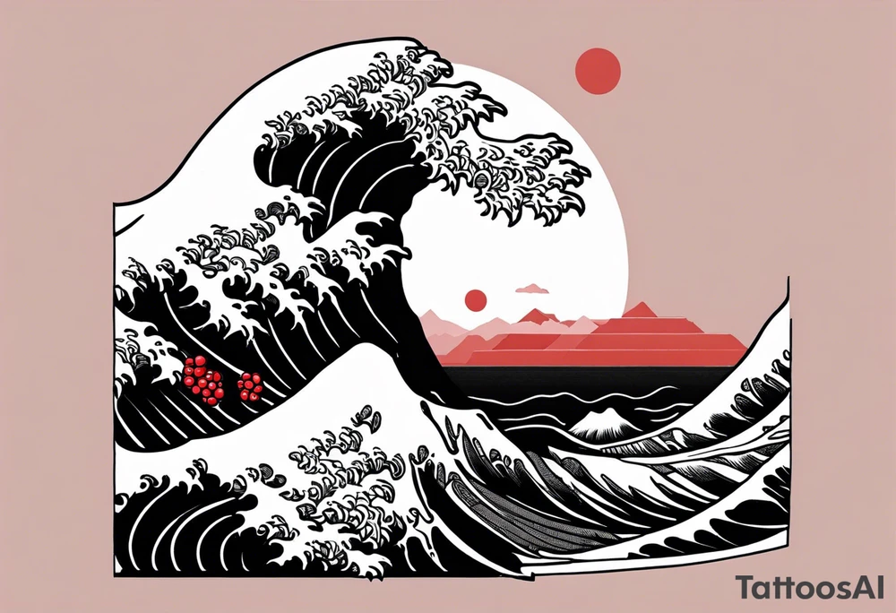 Hokusai great wave, inside two black lines, with some cherry trees. Tattoo for a man' s wrist tattoo idea