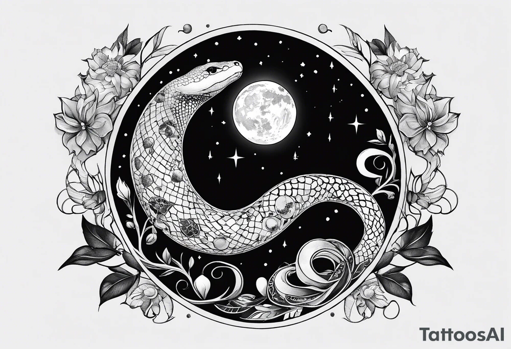 Snakes slithering around the moon phases with hades and Persephone constellations tattoo idea