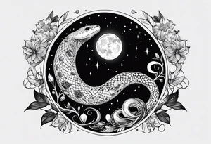 Snakes slithering around the moon phases with hades and Persephone constellations tattoo idea