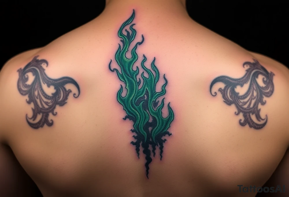 A Dark Mark engulfed in eerie green flames, with shadowy figures whispering from the smoke tattoo idea