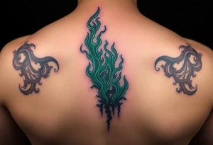 A Dark Mark engulfed in eerie green flames, with shadowy figures whispering from the smoke tattoo idea