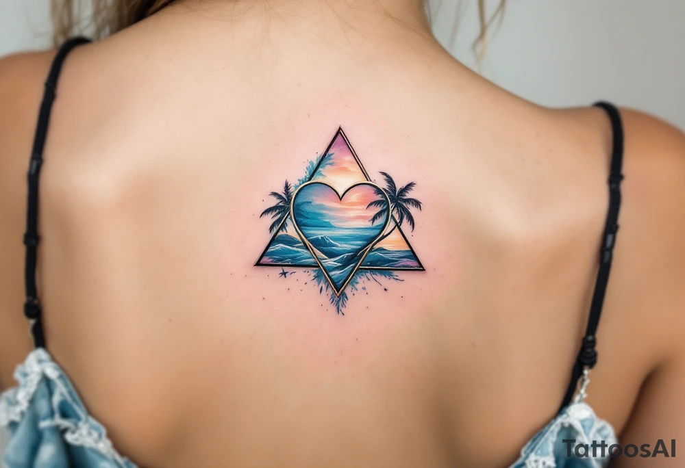 A triangle with a big heart in the center with an ocean travel theme tattoo idea